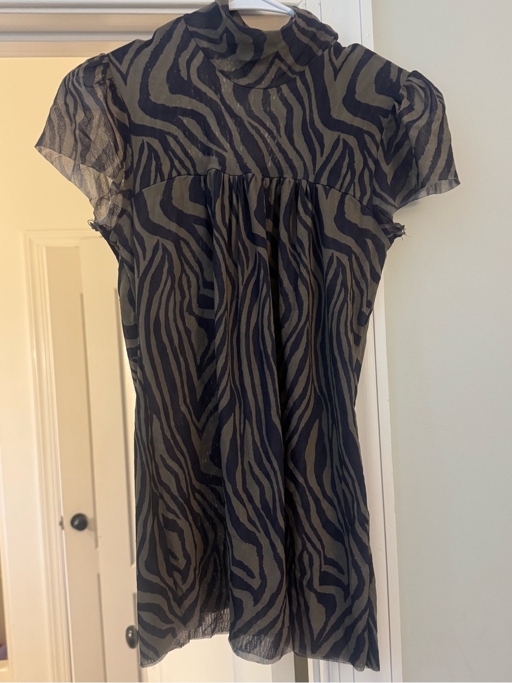 Sweet Pea by Stacy Frati Black and Olive Zebra Print Sheer Mock-Neck Top